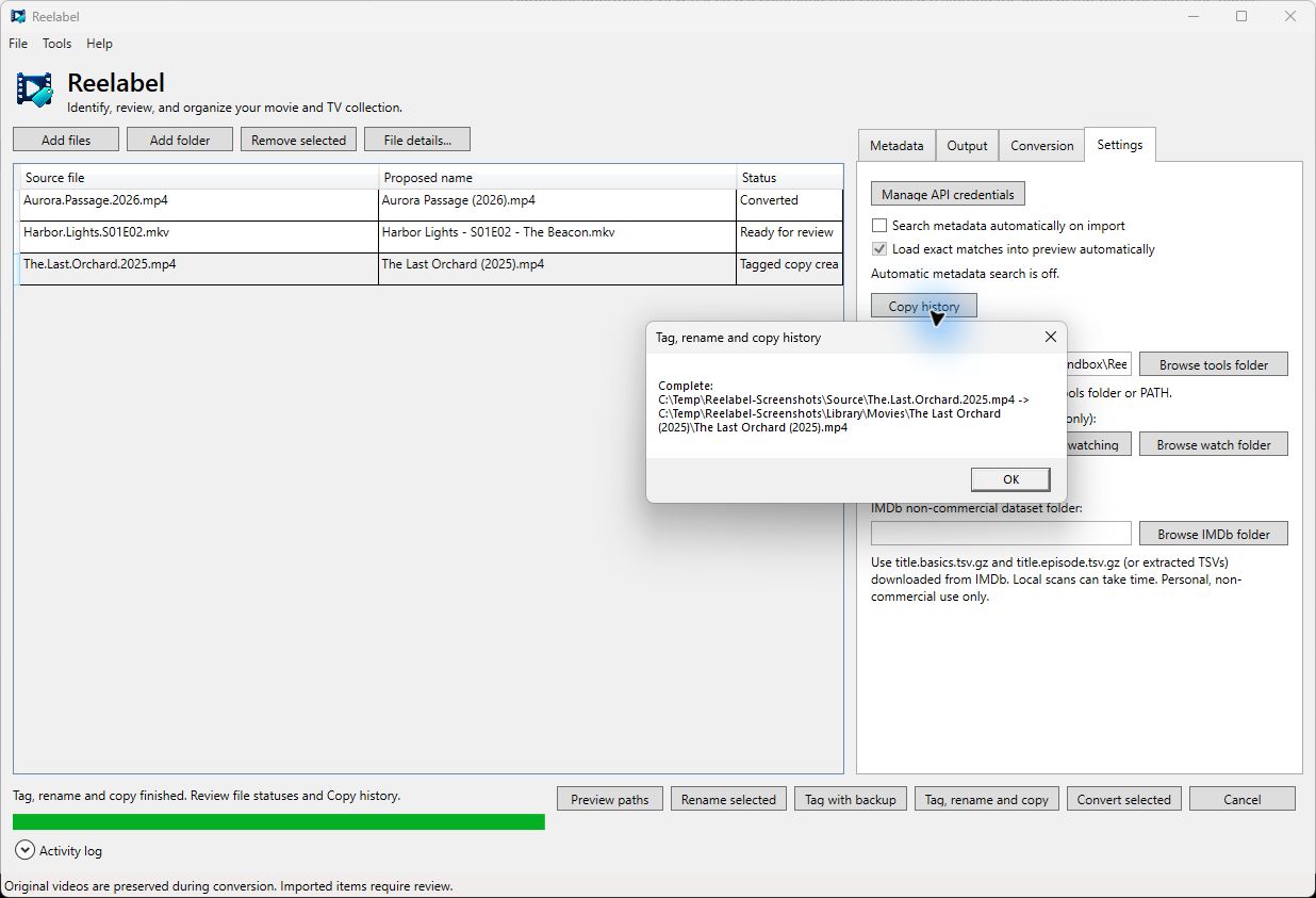 Completed tagged-copy history