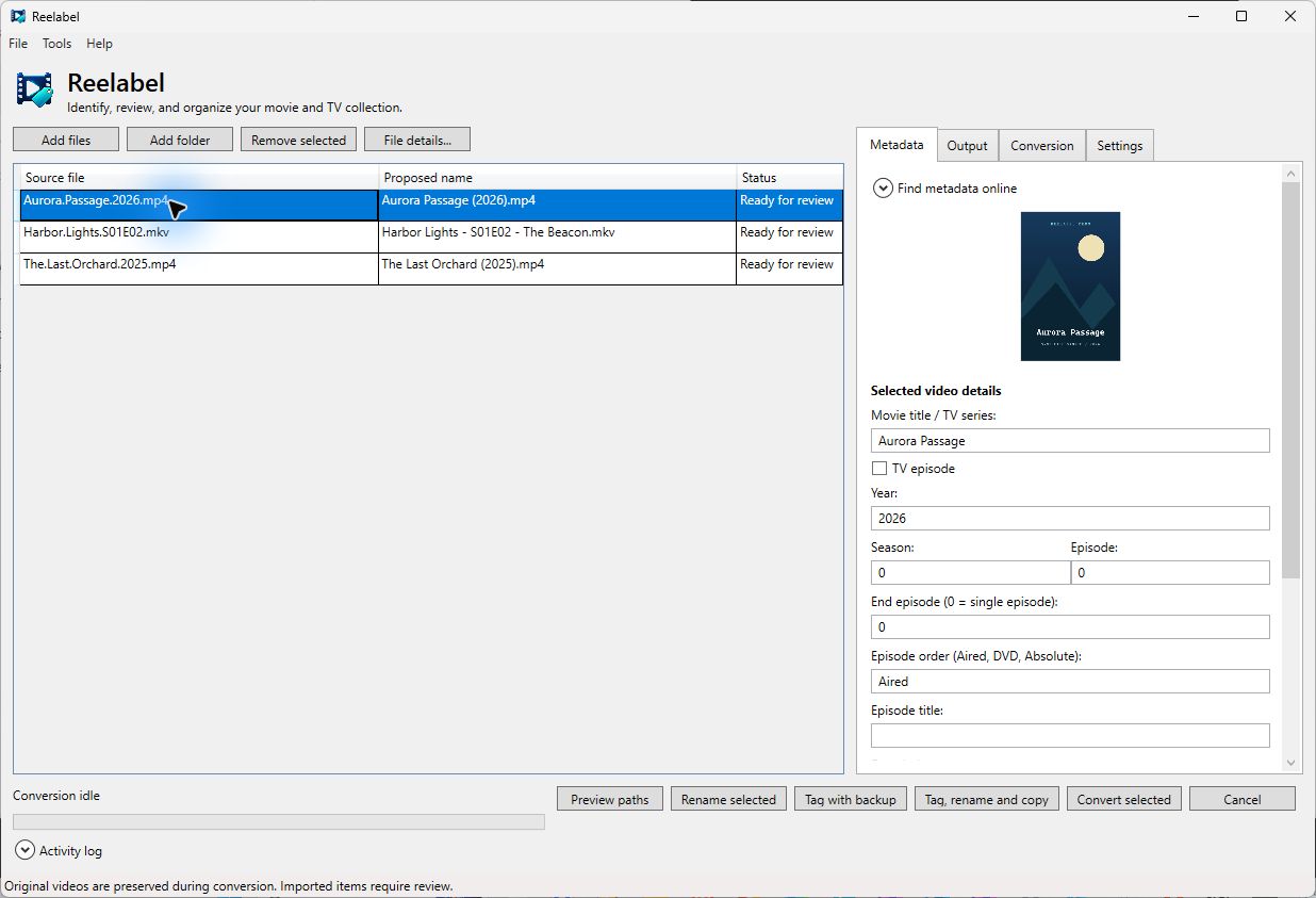 Reelabel main workspace with metadata and batch actions